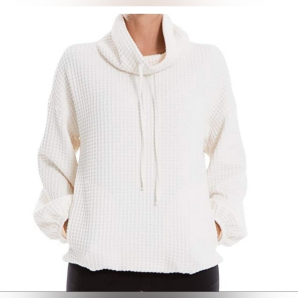 Max Studio Cream Waffle Texture Cowl Neck Balloon Sleeve Popover Fall Winter